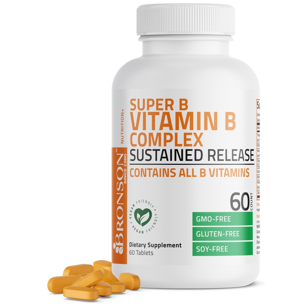 Bronson Super B vitamin B Complex Vedvarende langsom frigivelse (vitamin B1, B2, B3, B6, B9 - Folinsyre, B12) Indeholder alle B vitaminer 60 tabletter