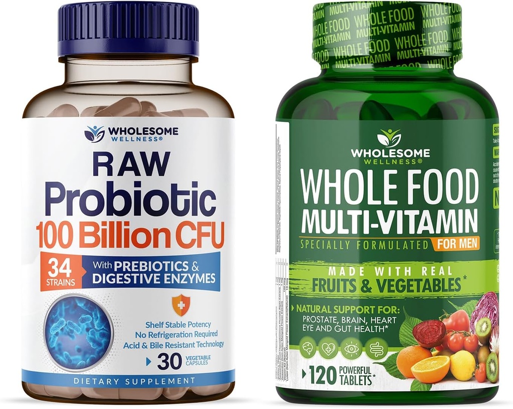 Organic Probiotika 100 Millioner CFU, Dr. Formuleret til kvinder og mænd + Hel Food Multivitamin til mænd, Naturlige Multi Vitamin, Mineraler, Organic Extracts Bundle