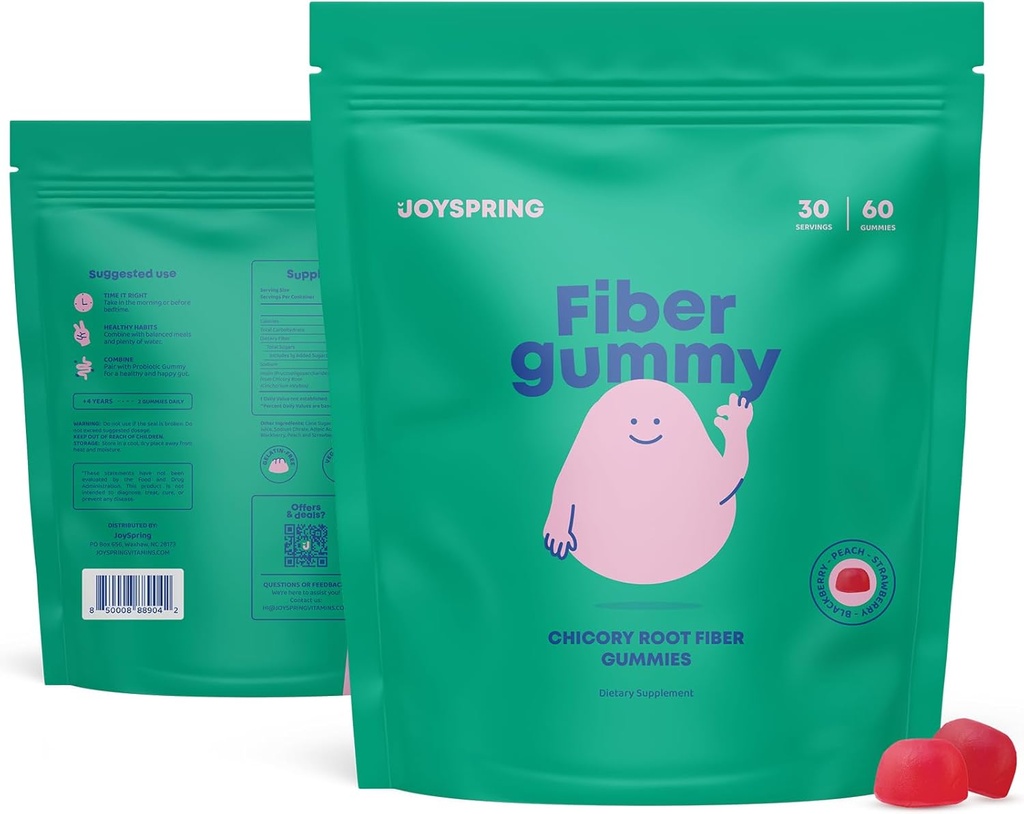 JoySpring Kids Fiber Gummies til Forstoppelse - 5 mg Fiber supplement til regelmæssig fordøjelse - Peach, Strawberry & BlackBerry Flavored - for børn i alderen 4-11 & voksne - 60 Ct