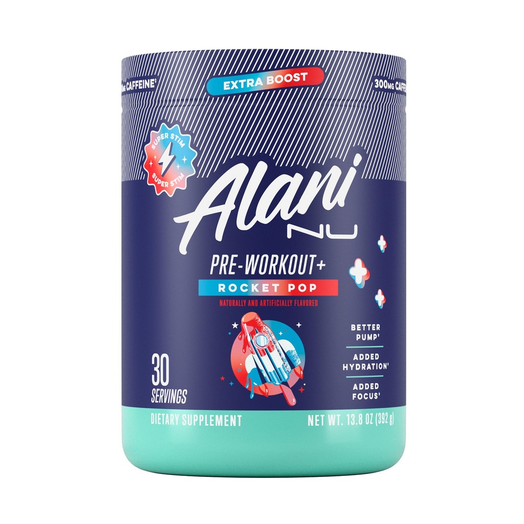Alani Nu Pre Workout + Powder Rocket POP, Extra Boost, Sugar Free, 300mg Koffein, L- Theanine, Beta- Alanine, Citrullin, 30 Servere
