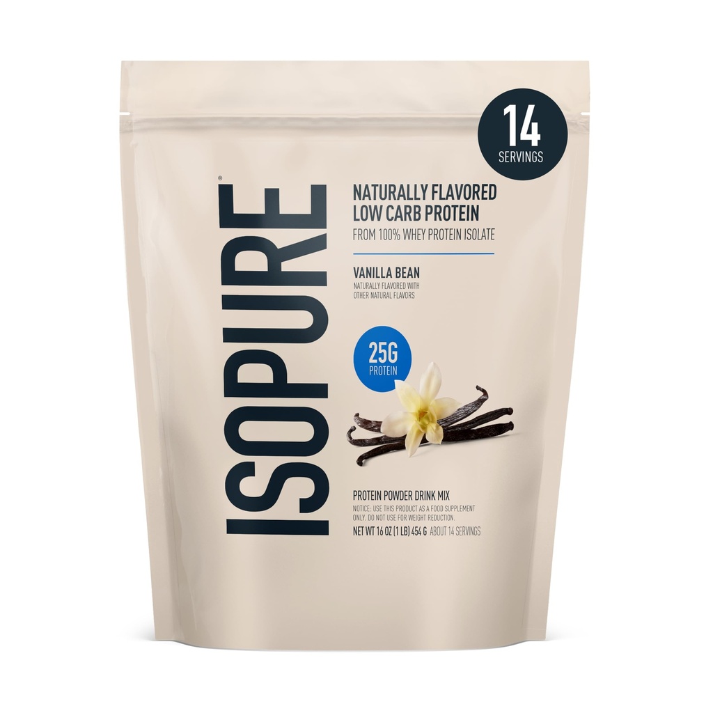 Isopure Low Carb 100% Pure Whey Isolate Protein Powder, Lactose Free, Gluten Free, Med vitaminer, Vanilla Bean, 25g Protein Per Servering, 1 Lb, 14 Servere (Packaging May Vary)