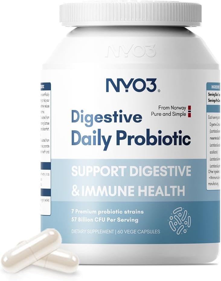 NYO3 fordøjelsesprobiotika 57 Bilion CFU 7 Strops, 60 Kapsler, Bloat Relief, Understøtter fordøjelse og immunforsvar