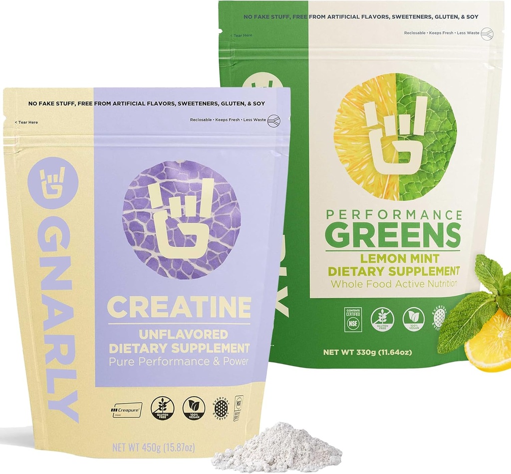 Gnarly Nutrition Creatin Powder, Unflavored (16.05oz) og Gnarly Performance Green Lemon Mint (11.64 oz)