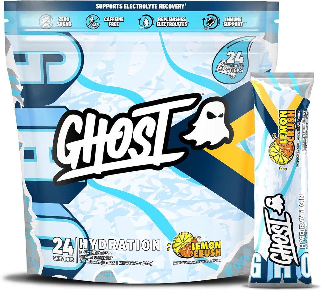 GHOST Hydration Pakninger, Lemon Crush, 24 sticks, Electrolyte Powder - Drink Mix Supplement med Magnesium, Kalium, Calcium, C-vitamin - Vegansk Friendly, Fri for Soja, Sukker & Gluten