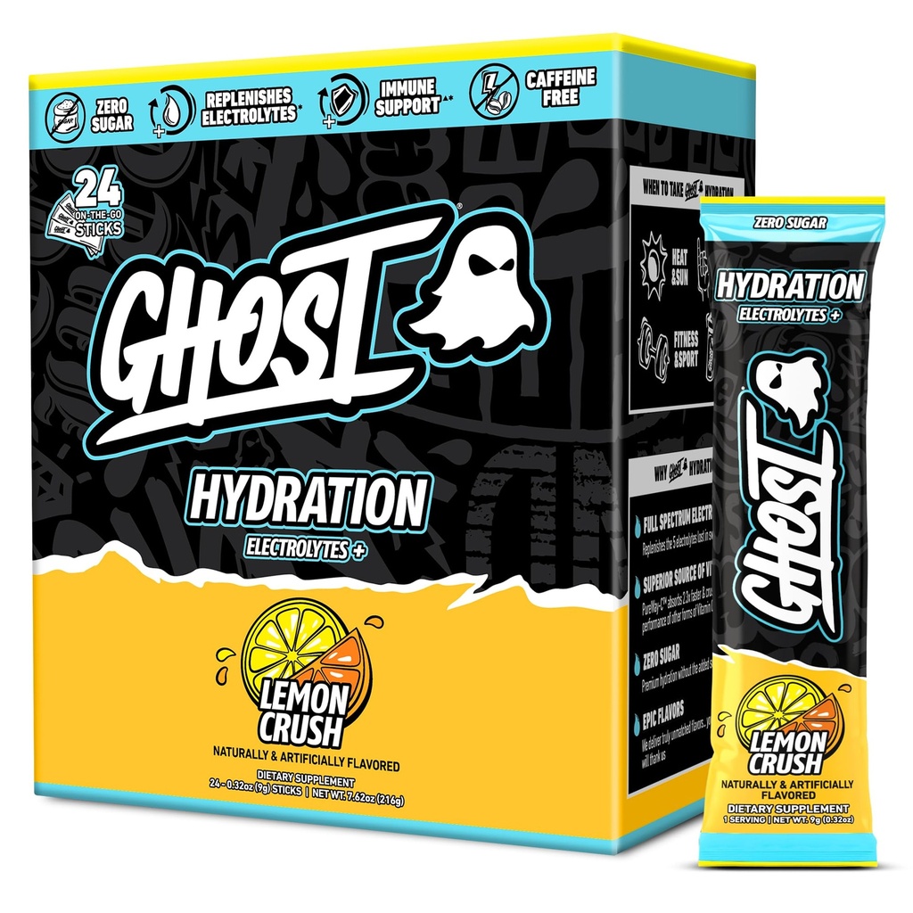 GHOST Hydration Pakninger, Lemon Crush, 24 sticks, Electrolyte Powder - Drink Mix Supplement med Magnesium, Kalium, Calcium, C-vitamin - Vegansk Friendly, Fri for Soja, Sukker & Gluten