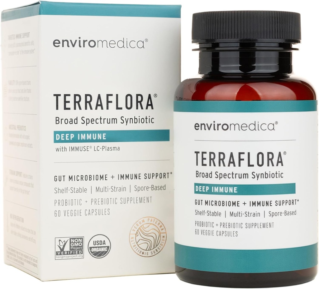 Terraflora Deep immun Synbiotika - SBO Probiotisk og Prebiotisk, Immunstøtte, Gut Health, Jord baseret Spore Pre og Probiotika til kvinder og mænd, LC- plasma, Bacillus Coagulans, Subtilis, 60 Kapsler