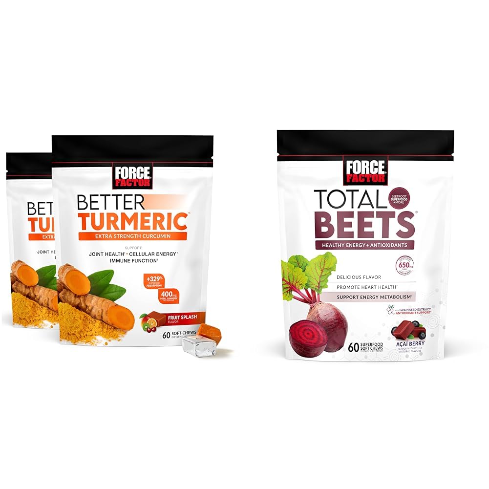Kraftfaktor Bedre gurkemeje 120 Soft Chews & Total Beets 60 Soft Chews Bundle til fælles og hjerte sundhed