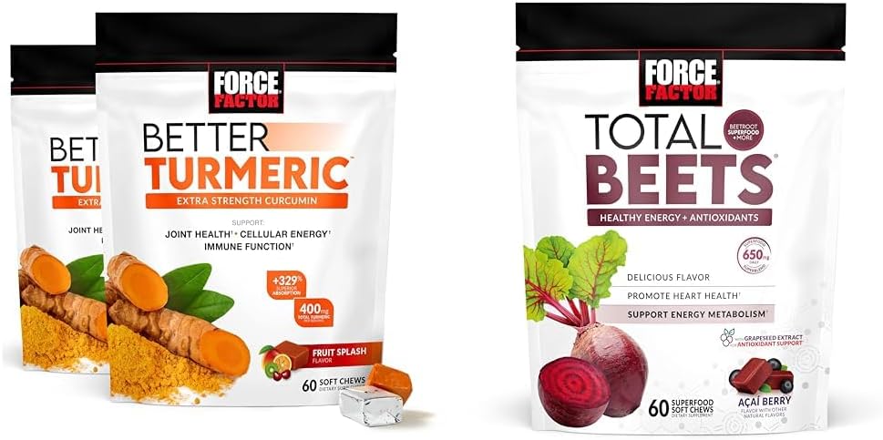 Kraftfaktor Bedre gurkemeje 120 Soft Chews & Total Beets 60 Soft Chews Bundle til fælles og hjerte sundhed