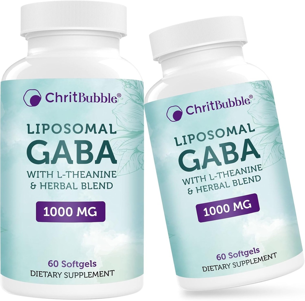 Liposomal GABA Kosttilskud 1000mg med L- Theanin 200mg, Høj Absorption, Ashwagandha, Kamille, Tart Cherry Herbal Supplement for voksne, 120 Softgels, Non- GMO, Gluten Free