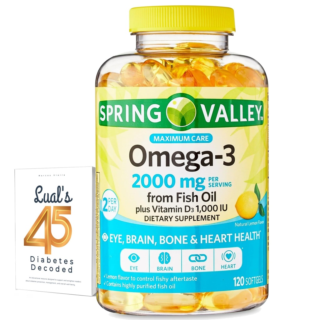Spring Valley Omega-3 fra Fish Oil 2000 mg for Eye Brain Bone & Heart Health Kosttilskud Softels, 120 Count, Bundle med Lualls 45 Diabetes Decoded