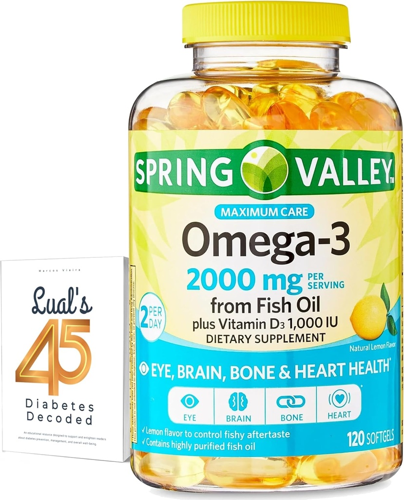 Spring Valley Omega-3 fra Fish Oil 2000 mg for Eye Brain Bone & Heart Health Kosttilskud Softels, 120 Count, Bundle med Lualls 45 Diabetes Decoded