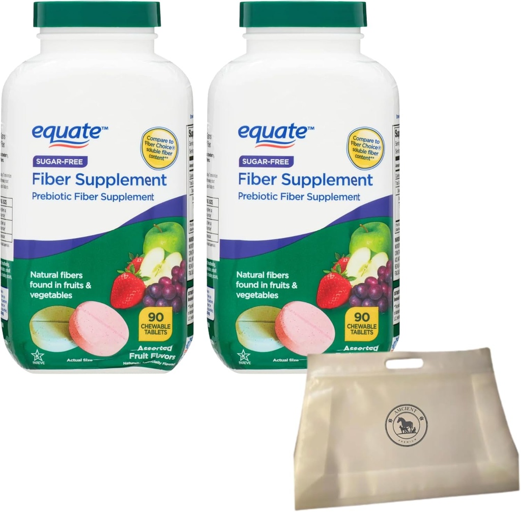 Equate Daily Fiber Sugar Free Prebiotic 90 Chewable Tablets (2 pakker) Bundle med Genbrugelig Food Pouch