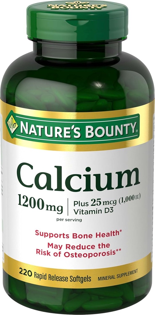 Nature 's Bounty Calcium 1200 mg med D3- vitamin, ben- tilskud, D3- vitamin 1000 IE, 220 Softgels