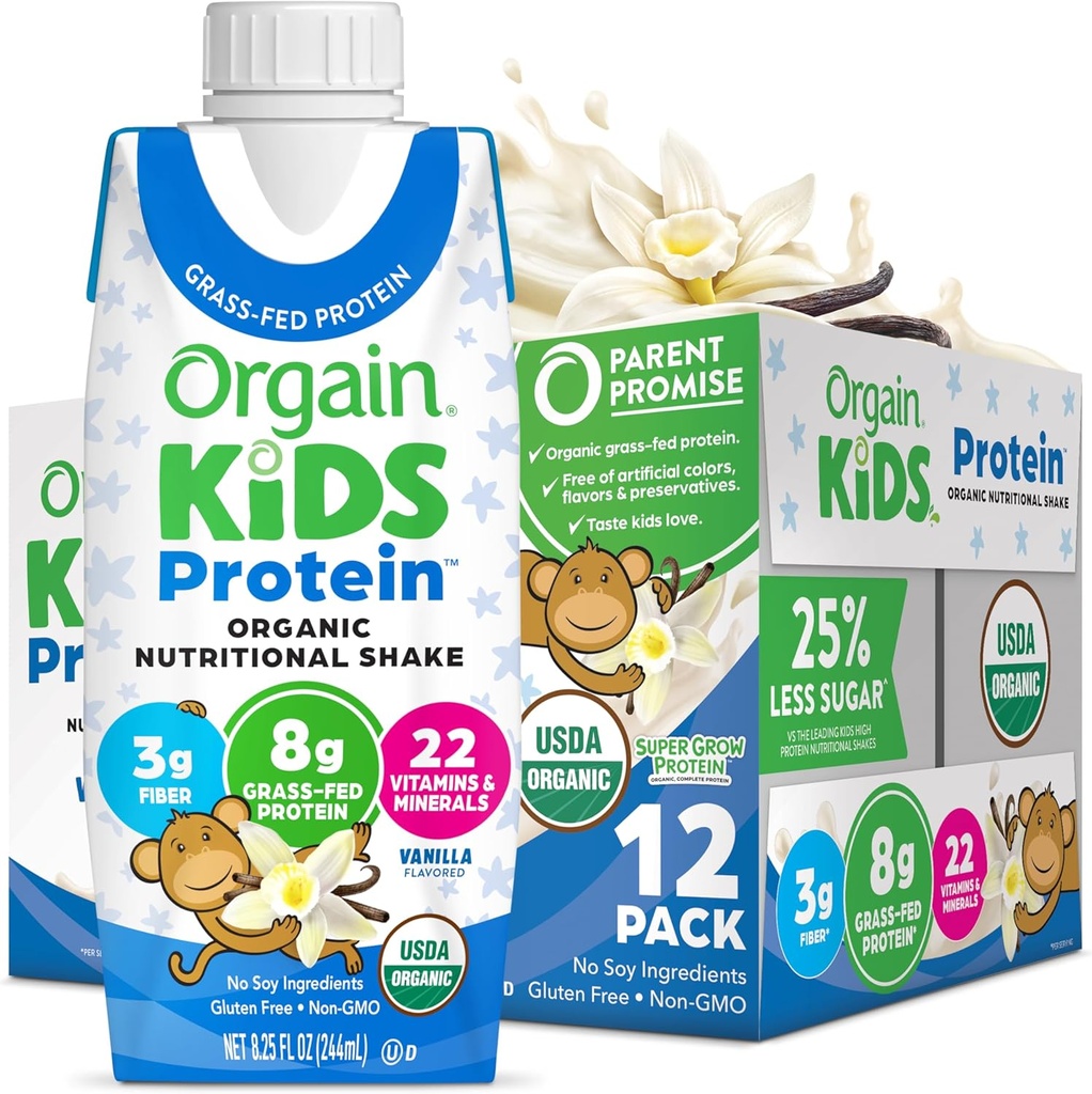 Orgain Organic Kids Nutritional Protein Shake, Vanilla, Sunde Kids Snacks, 8g Dairy Protein, 3g Fiber, 22 Vitamin & Minerals, Ingen Soja ingredienser, Gluten Free, Non- GMO, 8.25 Fl Oz (Pack of 12)