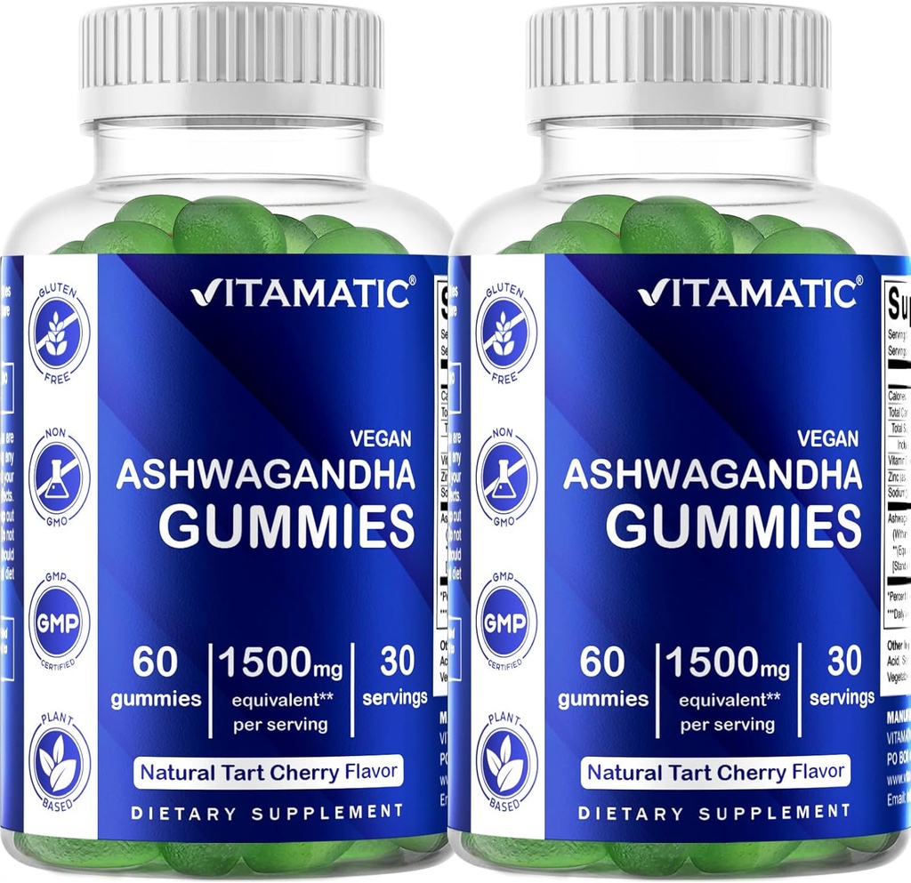 Vitamatic 2 Pack Ashwagandha Gummies 1500 mg Ækvivalent pr. Servering (fra 30: 1 Extract 50 mg) - 60 Vegan Gummies - 3% Withanolides