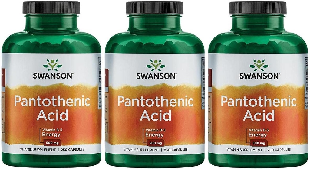 Swanson Pantothensyre (B- 5-vitamin) Energistofskifte Nerve Funktionsstøtte 500 mg 250 kapsler (3 Pack)