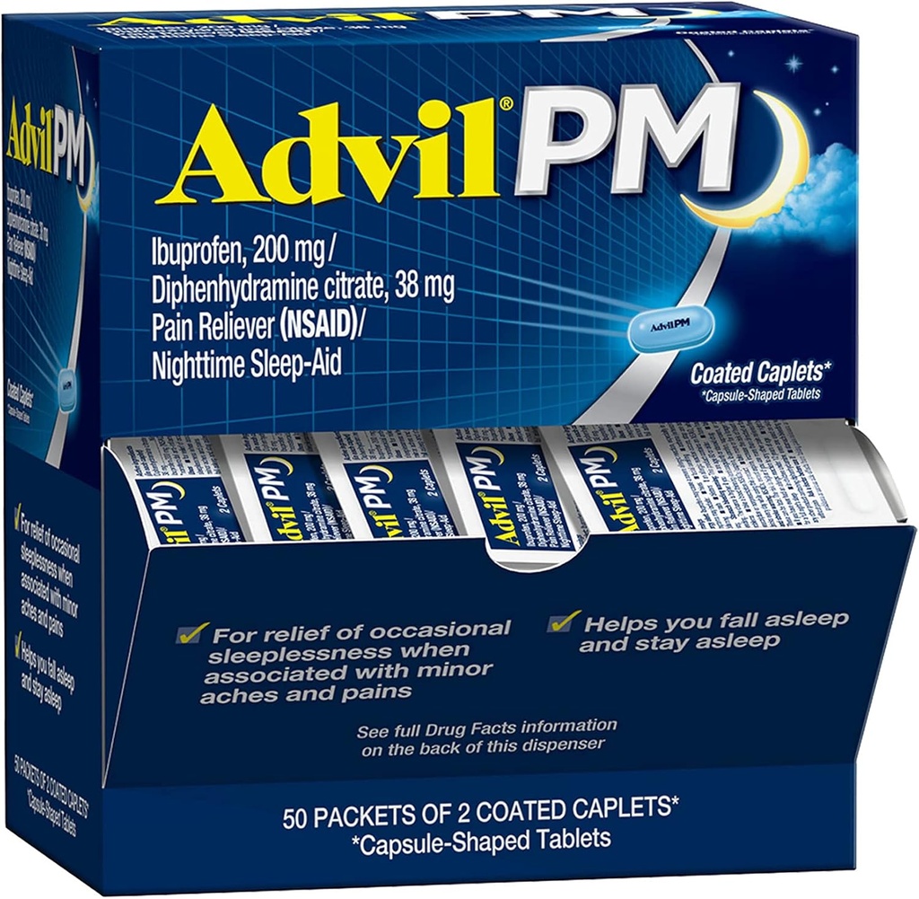 Advil PM Pain Reliever og Nighttime Sleep Aid, Pain Medicine med Ibuprofen for Pain Relief og Diphenhydramin Citrate for a Sleep Aid - 50x2 Coated Caplets