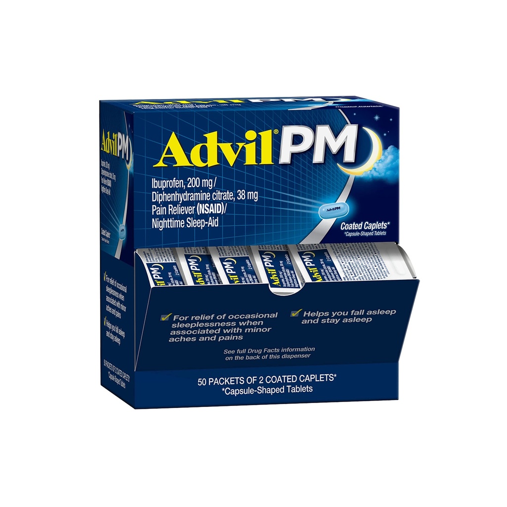 Advil PM Pain Reliever og Nighttime Sleep Aid, Pain Medicine med Ibuprofen for Pain Relief og Diphenhydramin Citrate for a Sleep Aid - 50x2 Coated Caplets