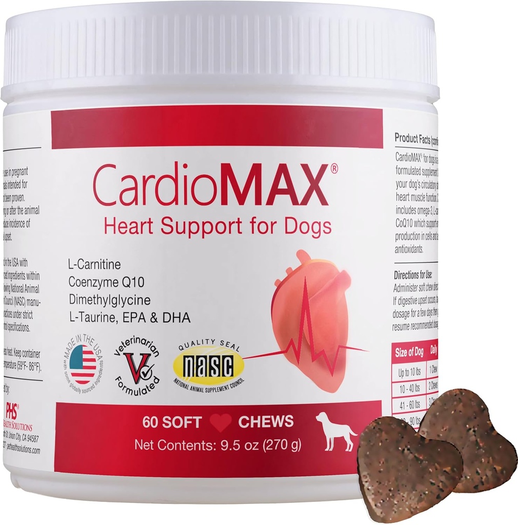 Heart Support Supplement for Dogs- Vet- Formulerede, Antioxidant- Rich- L- Taurine, L- Carnitin, EPA, DHA, CoQ10- Aids Circulatory Strength, Cardiovaskulær Support, Heart Muscle Function- USA Made- 60 Soft Chews
