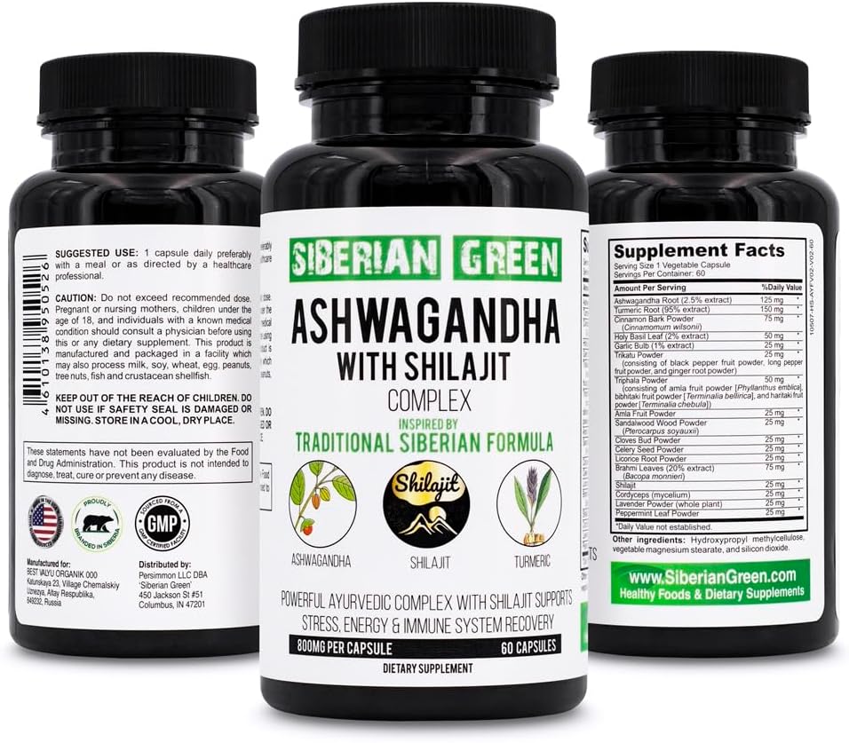 Siberian Green Ashwagandha med Altai Shilajit & Turmerisk Ayurvedic Complex 60 Kapsler - Traditionel Siberian Formel Stress Relief, Mood, Energistøtte, Immunsystemet Inddrivelse
