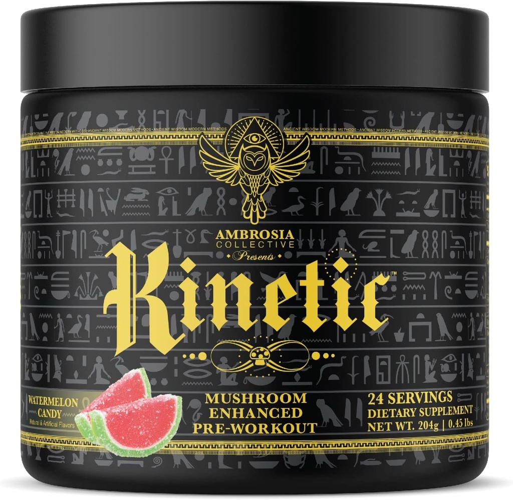 Ambrosia Kinetic Organic Preworkout, Mushroom Forbedret Natural Pre Workout Supplement, Nootrop Superfood Powder for Energy (Watermelon Candy)