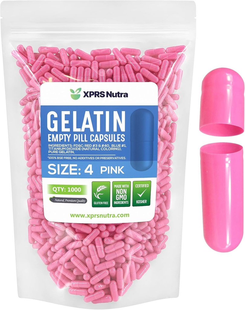 XPRS Nutra Size 4 Empty Capsules - 1000 Count Small Empty Gelatin Capsules - Pills DIY Capsule Filling - Fillable Pure Bovine Pill Gel Caps for Do-It-Yourself Supplements (Pink)