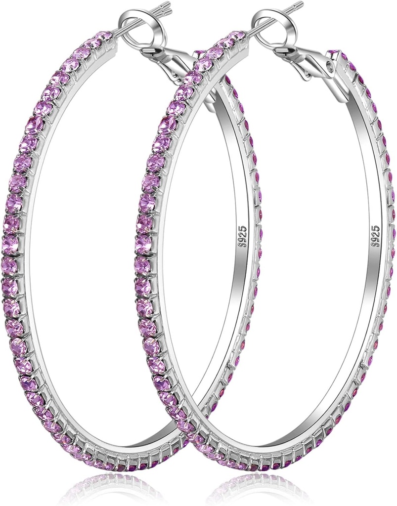 925 Sterling Sølv øreringe Stor Rhinestone Hoop øreringe Big Cubic Zirconia Hoop øreringe Thin Rhinestones Round Hoop øreringe til kvinder 20 / 30 / 40 / 50 / 60 / 70mm Sparkly Hoops med krystaller til kvinder