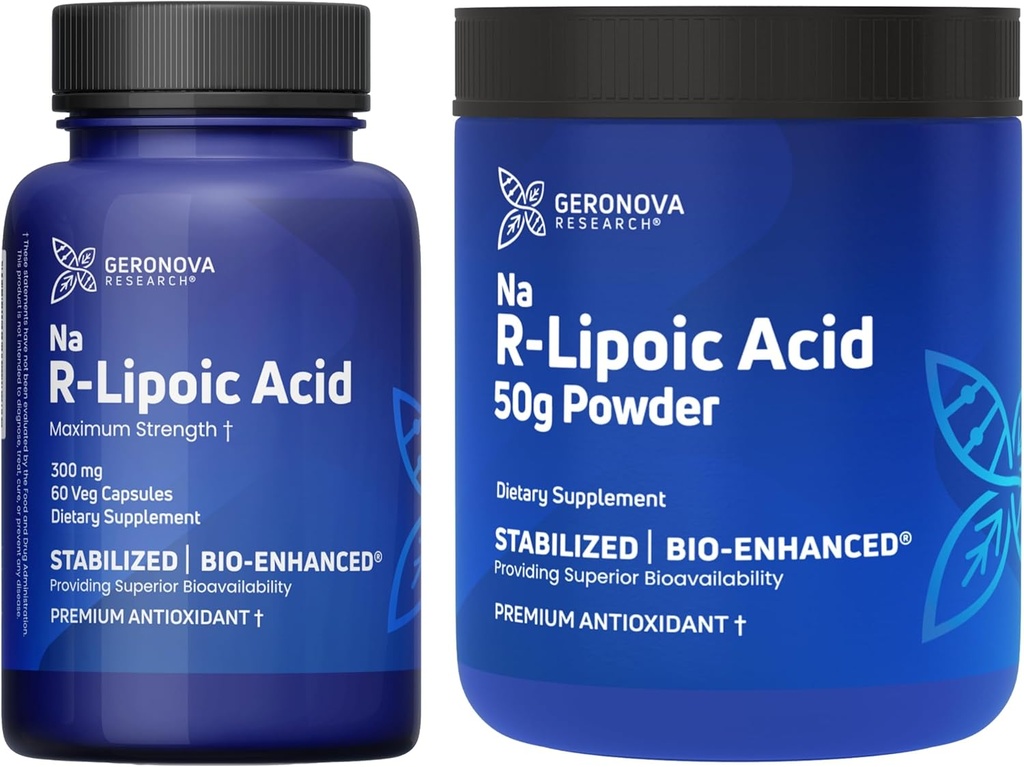 Geronova Research R- Lipoinsyre 300mg 60 Caps, Bio- Enhanced Na R- Lipoic Acid 50g Powder Bundle