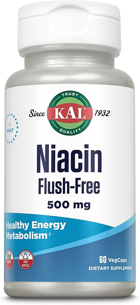 KAL Niacin 500mg Flush Free - Vitamin B3 tillæg - Metabolisme og energistøtte - Hud, nerve, fordøjelsessygdomme og cirkulære support - Vegan Vitamin, 60- Day Garanti, 60 Servering, 60 VegCaps