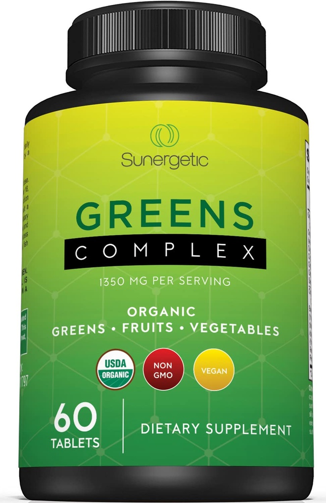 Sunergetic Premium USDA Organic Greens Superfood Tablets – Greens Superfood Powder Includes Veggies, Fruits & Polyphenols – Daily Greens Superfood Powder Supplement– 60 Greens Tablets