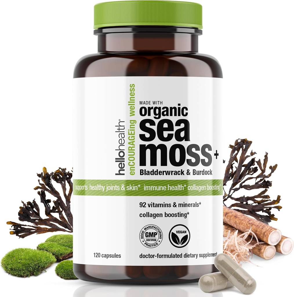 Økologisk Irish Sea Moss Kapsler: Fremstillede Sea Moss, Burdock Root & Bladderwrack Prebiotic Super Food for Immunsupport, Thyroid Support, Natural Energy, -120 Caps