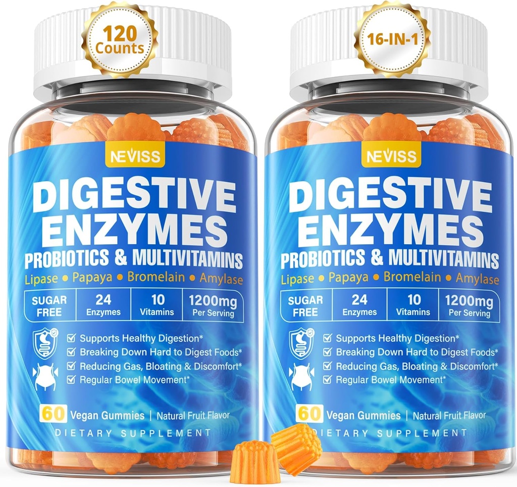 Fordøjelsesenzymer med probiotiske gummier, Multivitaminer, Calcium, Magnesium - Alle 24 essentielle Chewable Multi enzymer - Papaya, Lipase, Amylase, Bromelain - Breaking Down Carbs, Proteins, Fedtstoffer, 2Packs