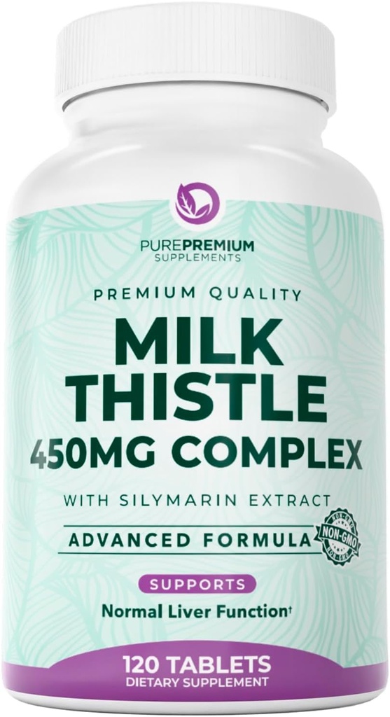 PurePremium Milk Thistle Supplement - Lever Rengøring Detox & Reparation, 80% Silymarin Standardized Extract - High Potency 450mg Complex understøtter normal lever funktion - Non-GMO, Gluten- Free - 120 Supply
