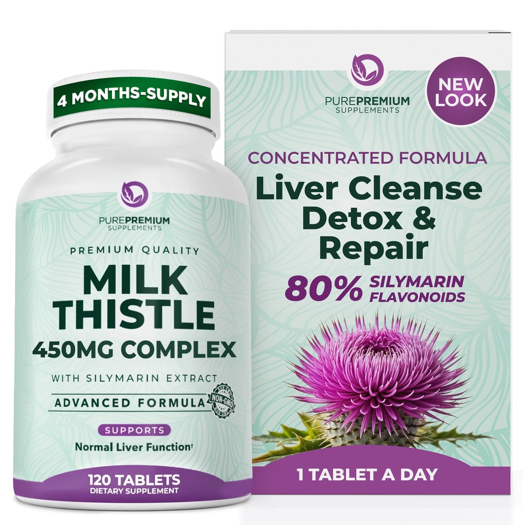 PurePremium Milk Thistle Supplement - Lever Rengøring Detox & Reparation, 80% Silymarin Standardized Extract - High Potency 450mg Complex understøtter normal lever funktion - Non-GMO, Gluten- Free - 120 Supply
