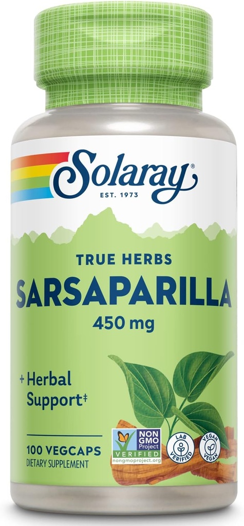 SOLARAY Sarsaparilla Root 450 mg - Traditional Herbal Support - Non- GMO, Vegan, Lab Verified - 60- Day Money- Back Garanti - 100 Servere, 100 VegCaps