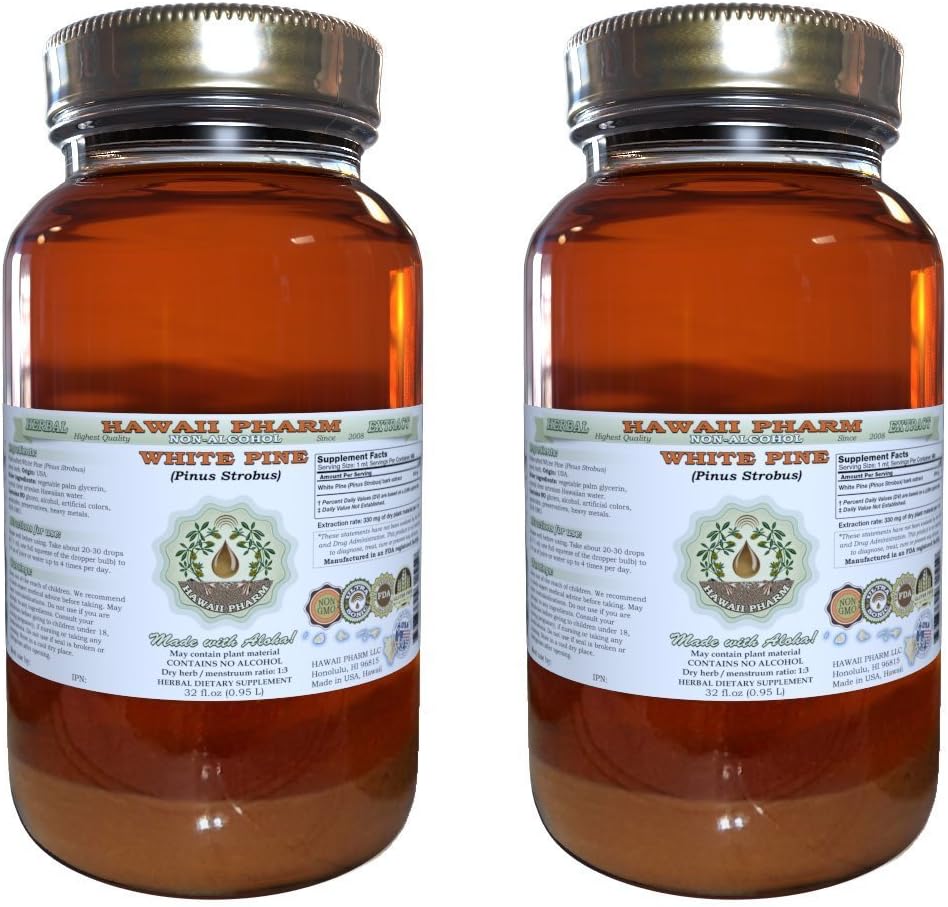 White Pine Alcohol- Free Liquid Extract, White Pine (Pinus Strobus) Tørret Bark Glycerite Natural Herbal Supplement, Hawaii Pharm, USA 2x32 fl.oz