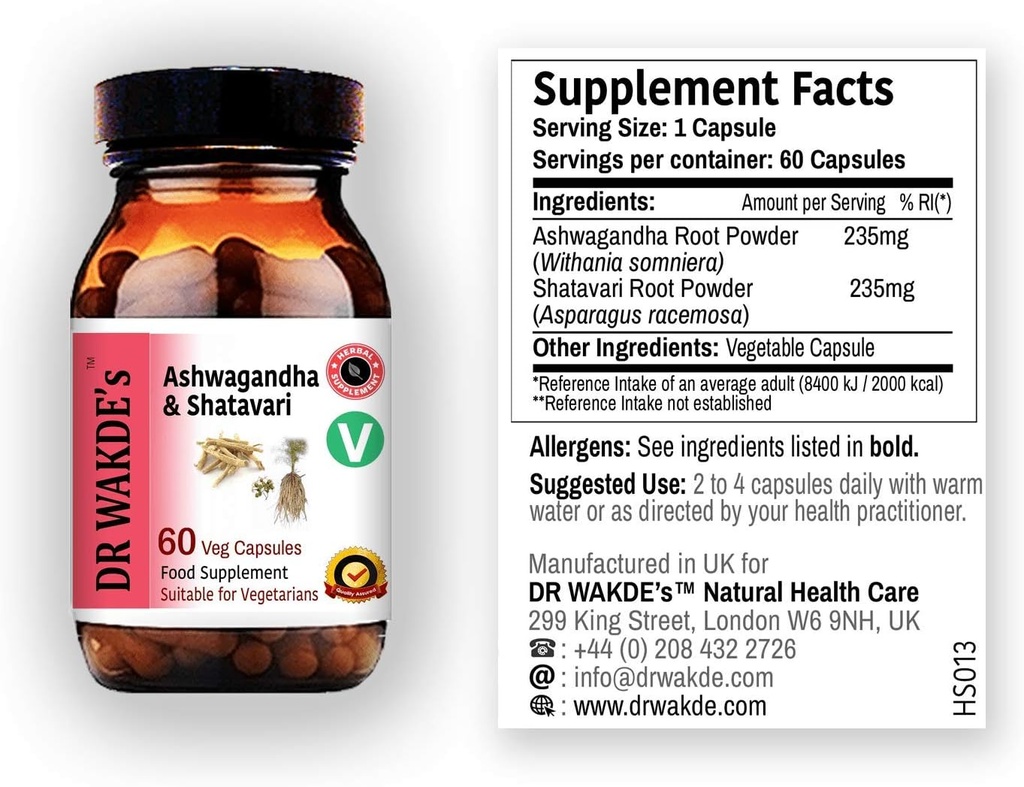 DR WAKDE 's Ashwagandha & Shatavari Capsules (60 Veg Caps, Foryngende Urter, Energistøtte, Ayurvedic Supplement, Vegan, Herbal, All Natural, Made in UK)