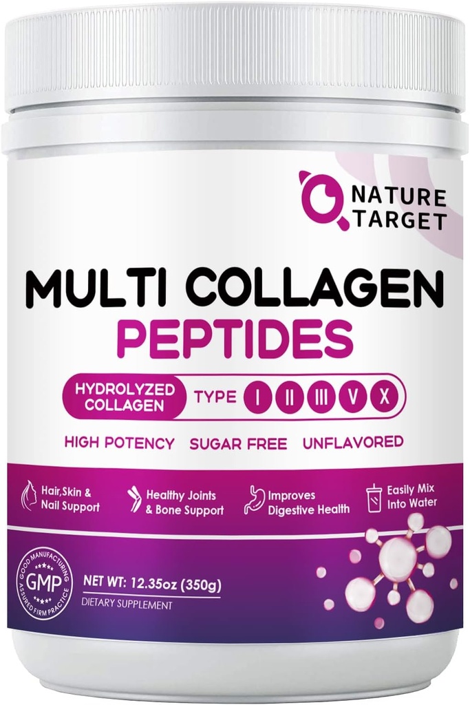 NATUR TARGET Multi Collagen Peptider Pulver - Type I, II, III, V, X - Hydrolyzed Collagen Peptider med C-vitamin Hyaluronsyre, Understøtter hud hårsøm & Fælles, Grass- Fed, Non- GMO, 35 Servering