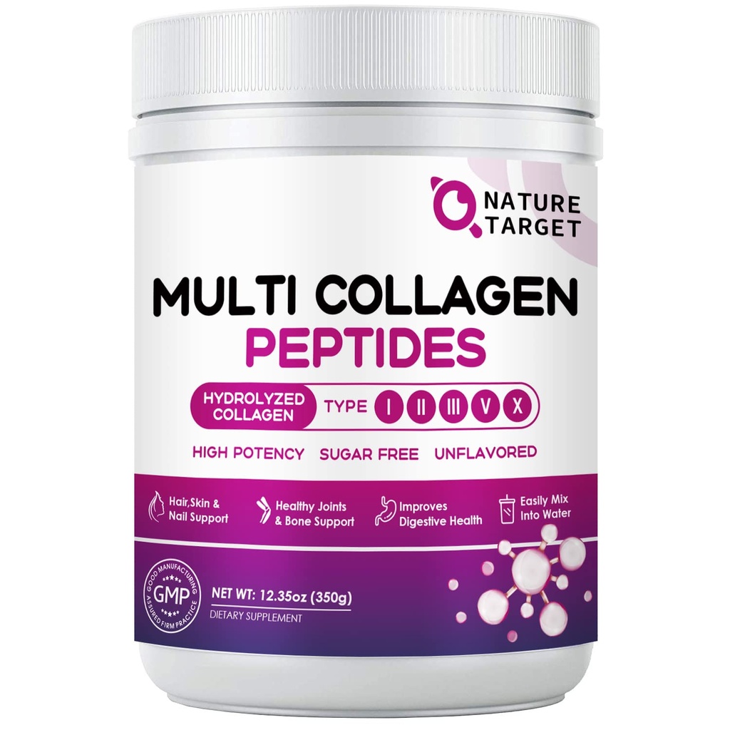 NATUR TARGET Multi Collagen Peptider Pulver - Type I, II, III, V, X - Hydrolyzed Collagen Peptider med C-vitamin Hyaluronsyre, Understøtter hud hårsøm & Fælles, Grass- Fed, Non- GMO, 35 Servering
