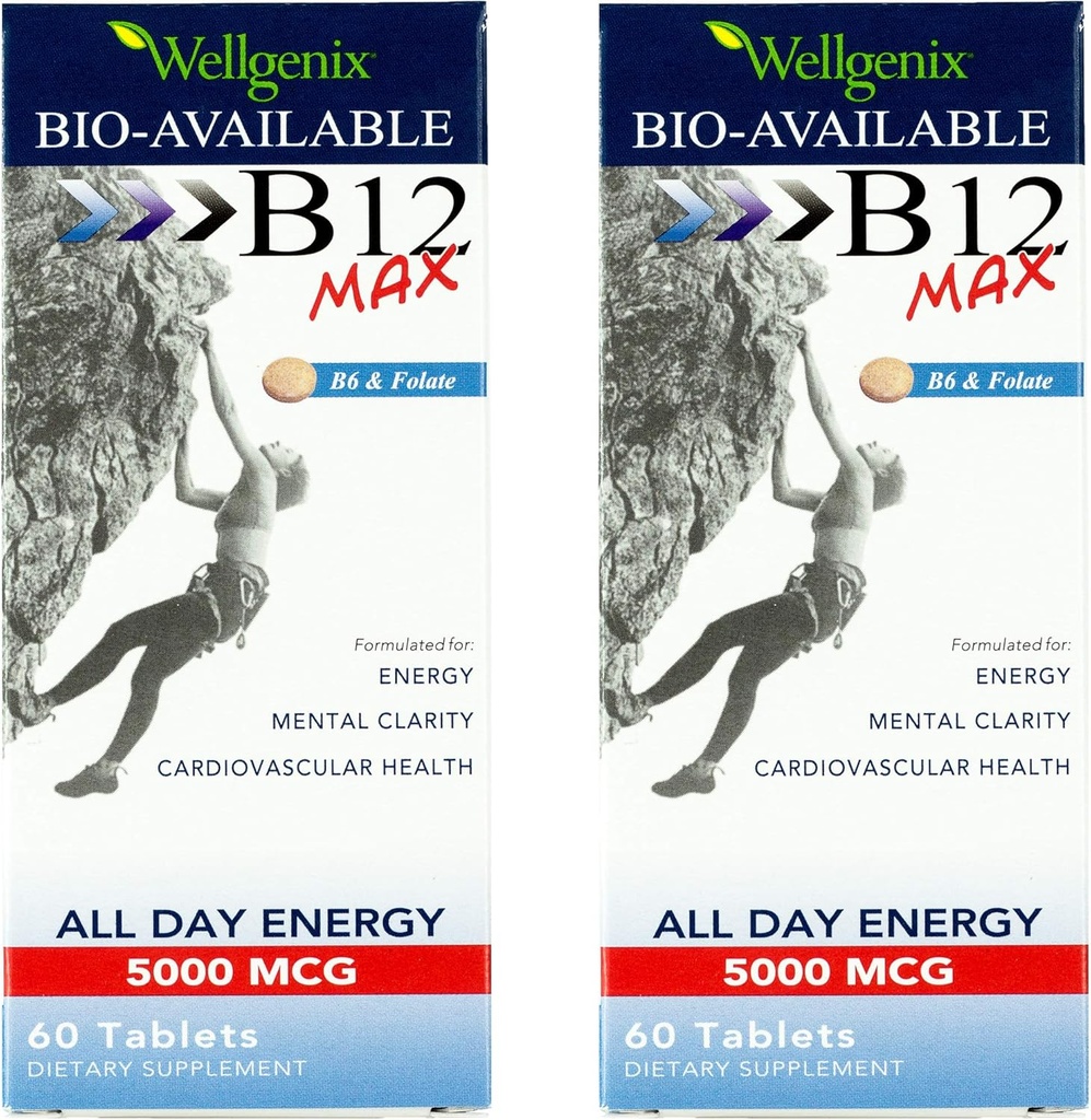 Wellgenix Bio- Tilgængelig Sublingual B12 Max - Formuleret til høj absorption - Nutritional Multivitamin B12, B6, Folate - Hurtig opløsning (60 Ct) 2 Pack