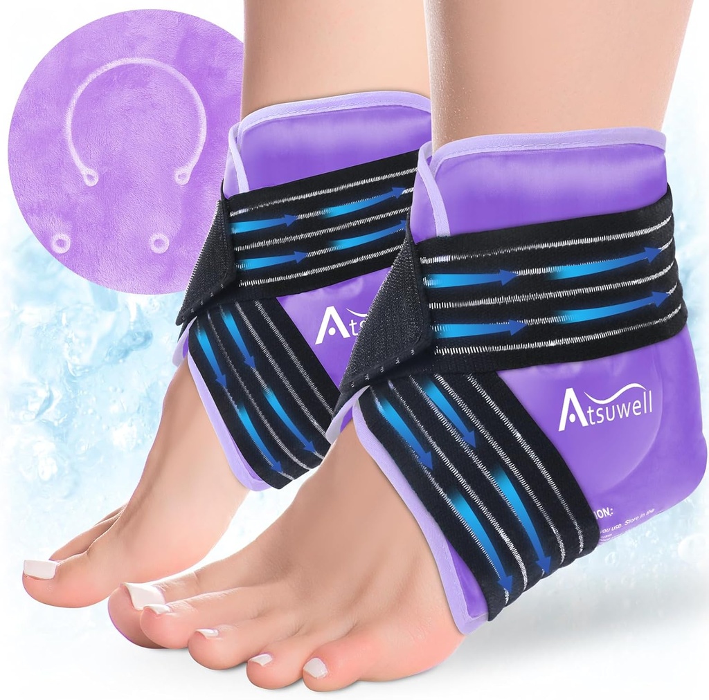 Atsuwell Ankle Ice Pack Wrap 2 Pakker, Ankle Ice Wraps Fleksibel Gel Cold Pack til Foot Heel, Cold Compress Terapi for lindrende ubehag, lilla