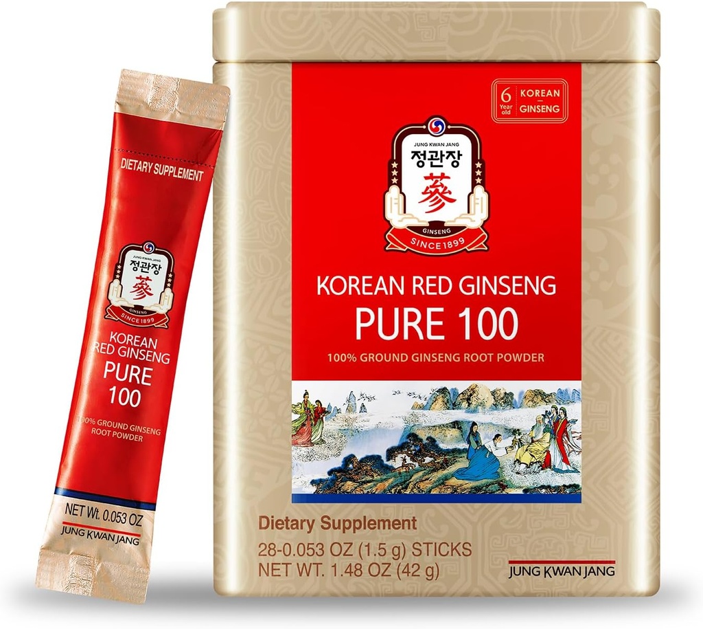 JungKwanJang Koreansk Rød Ginseng Pure 100 - Panax Ginseng Powder Stick Kosttilskud - Energi Boost & immunstøtte - Vegan, Koffein fri, Gluten fri & Non- GMO (Net Wt. 1.48 oz, 30 Sticks)