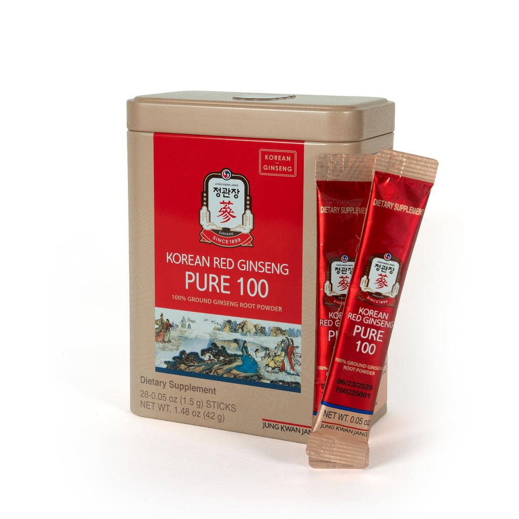 JungKwanJang Koreansk Rød Ginseng Pure 100 - Panax Ginseng Powder Stick Kosttilskud - Energi Boost & immunstøtte - Vegan, Koffein fri, Gluten fri & Non- GMO (Net Wt. 1.48 oz, 30 Sticks)