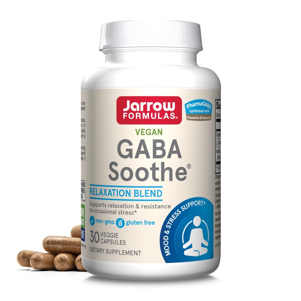 Jarrow Formulas ® GABA Sothe ®, 3 Ingredient Kosttilskud til afslapning og lejlighedsvis stress, 30 Veggie Kapsler, 30 Day Supply