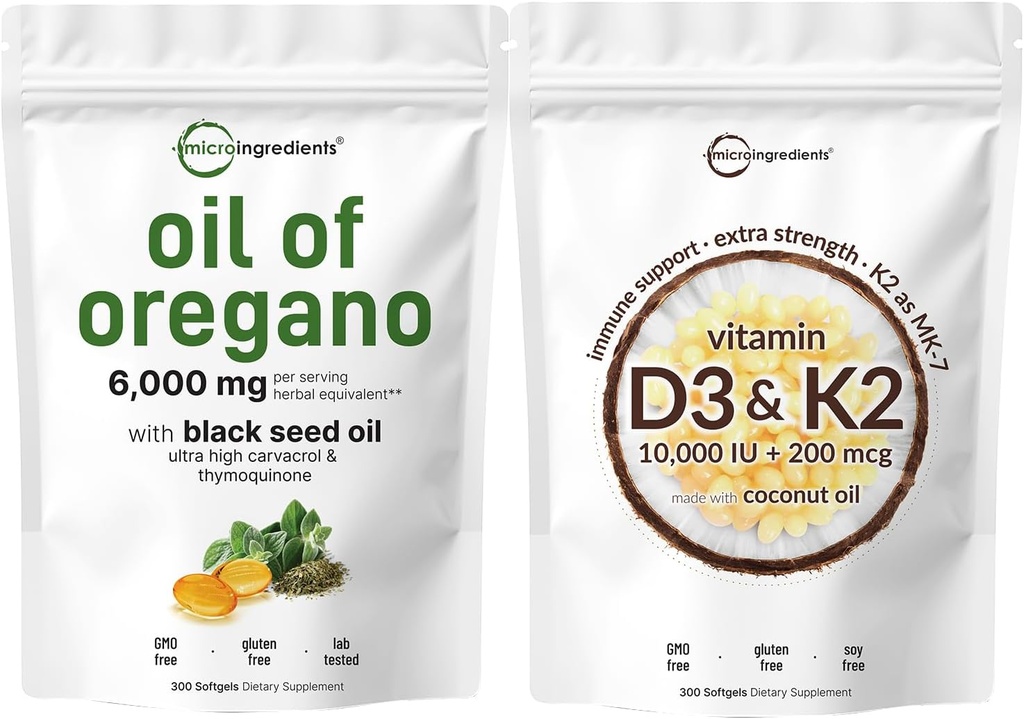 Micro Ingredients Oil of Oregano Softgels 6,000mg Per Serving & Vitamin D3 10,000iu + K2 200mcg Coconut Oil Softgels Bundle 2 Pack Medical 124; 4X Styrke Carvacrol & Thymoquinon Medical Sunshine Vitaminer