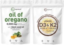 Micro Ingredients Oil of Oregano Softgels 6,000mg Per Serving & Vitamin D3 10,000iu + K2 200mcg Coconut Oil Softgels Bundle 2 Pack Medical 124; 4X Styrke Carvacrol & Thymoquinon Medical Sunshine Vitaminer