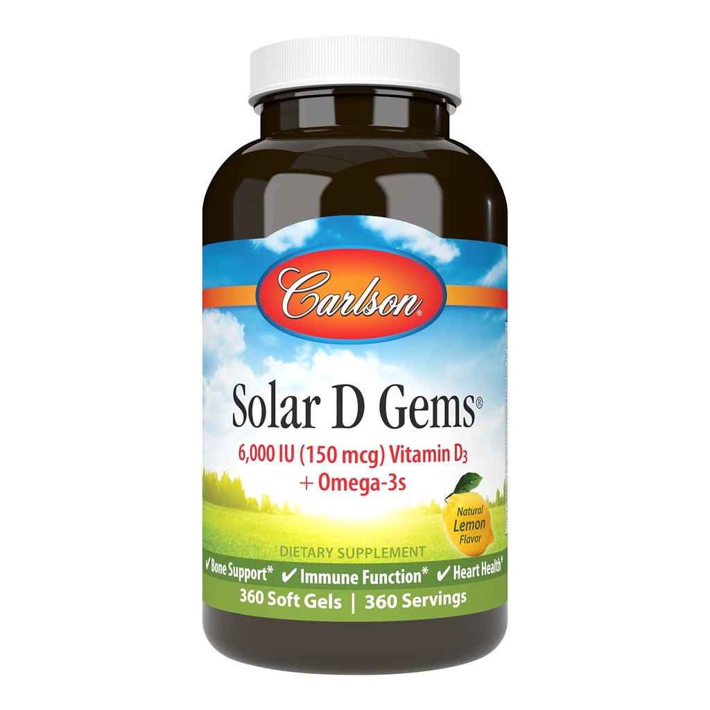 Carlson - Solar D Gems, Vitamin D3 og Omega-3 Supplement, 6000 IE (150 mcg) Vitamin D3, 115 mg Omega- 3s EPA og DHA tillæg, Wild Caught, bæredygtigt sourced, Lemon, 360 Softgels