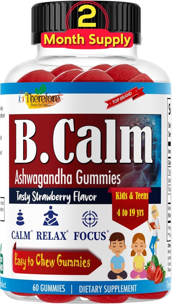 Derfor B. Calm Kids Focus & Opmærksomhed Gummies - Anti- Stress, Hukommelse, Mood & Relaxation- Natural Calm Ashwagandha for Kids & Teens - Focus Vitamin for Teens - Strawberry Flavor, 60 ct