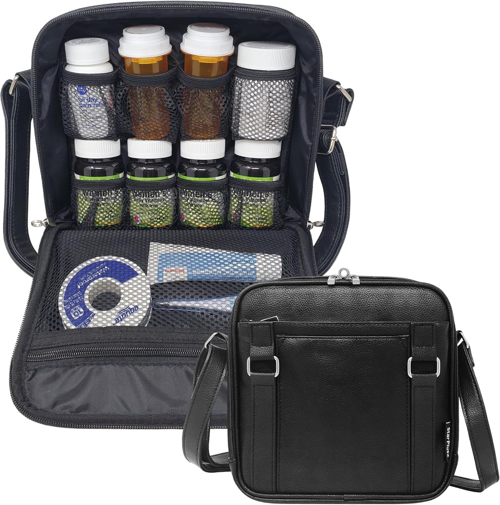 Medium 2- in-1 Pill Flaske Organizer, Crossbody PU Læder pung til kvinder, Medicin taske, Case, Carrier for Medicin, Travel Medicine Organizer, Med Bag - Sort (uden lås)