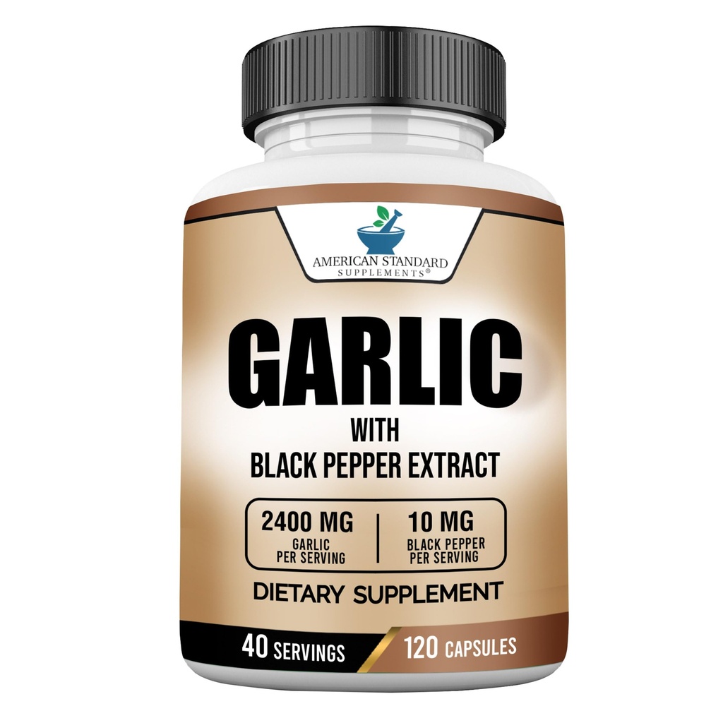 Amerikanske Standard Kosttilskud Hvidløg 2400mg Per Servering med Black Pepper Fruit Extract - Vegan, Gluten Free, Non- GMO, 120 Kapsler, 40 Servere